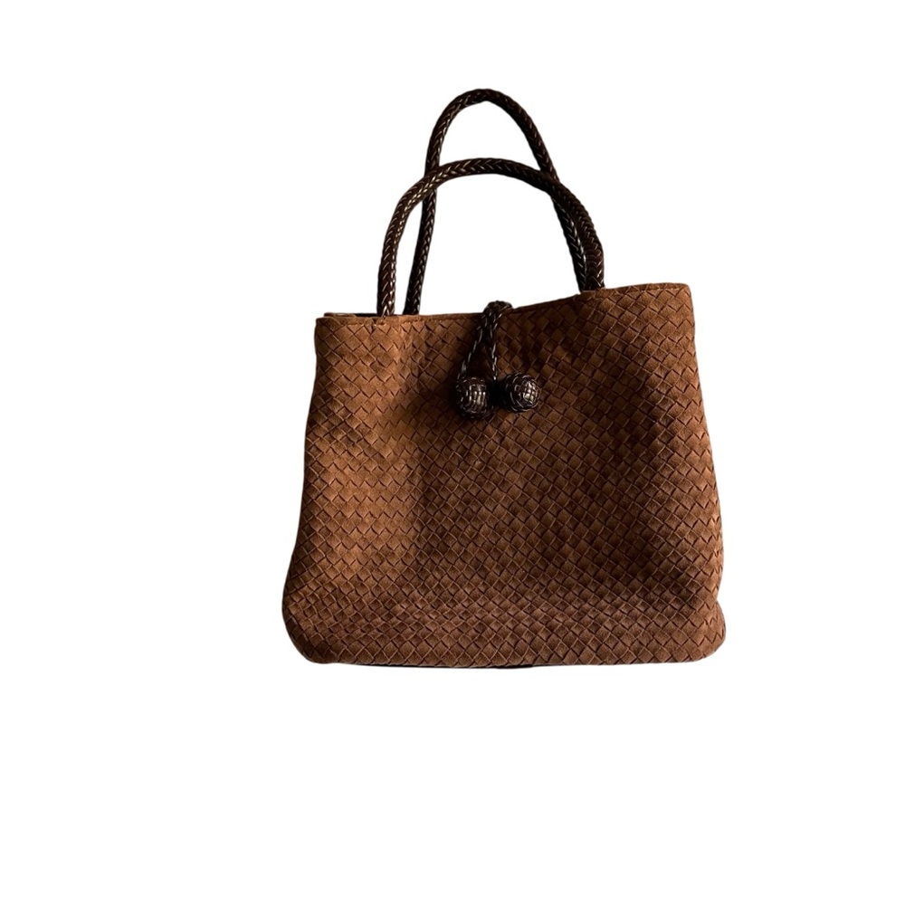 Eric Javits Brown Woven Leather Tote Bag Double Braided Handles Shoulder Purse